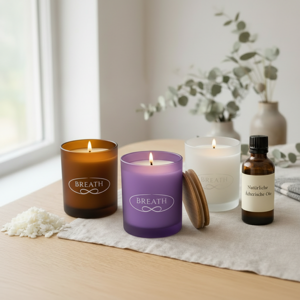 Duftkerzen Set mit 3 Sojawachs Kerzen & Holzdocht – Sandelholz, Lavendel & duftfrei, handgemacht in der Schweiz | Breath Ritual